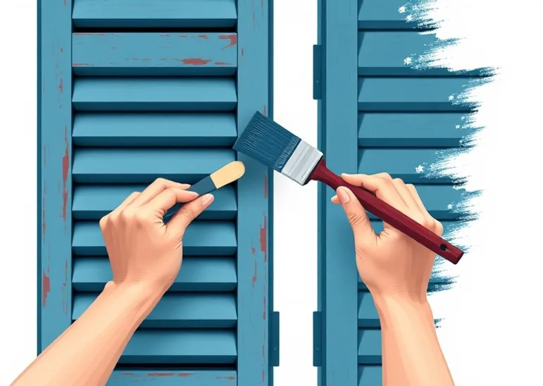 Mise en peinture au pinceau de volets et d'encadrements en bois
