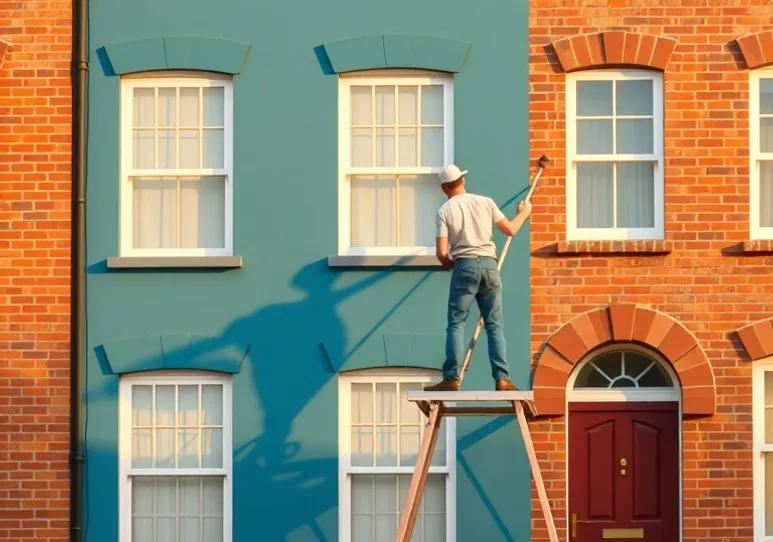 Peintre sur échafaudage traitant la façade d'une maison