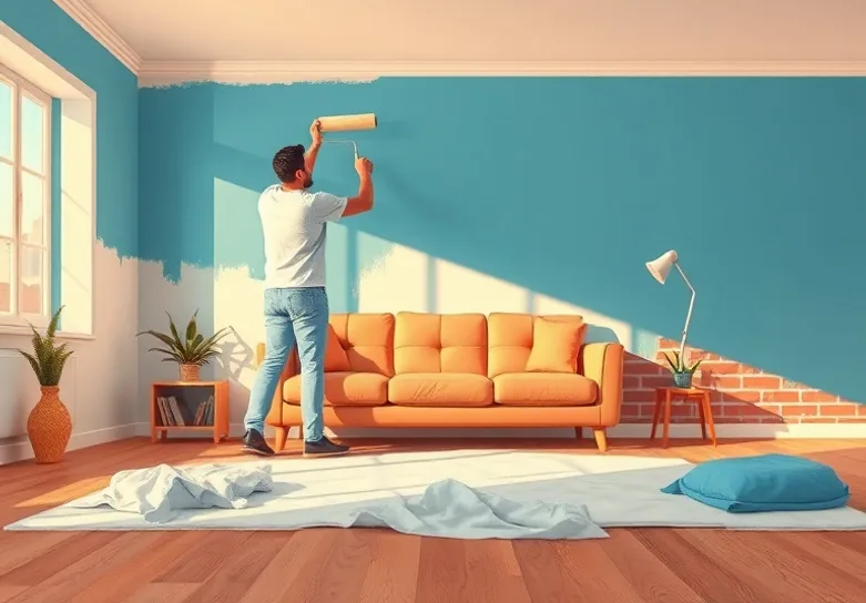 Peintre appliquant la peinture au rouleau sur un mur de salon